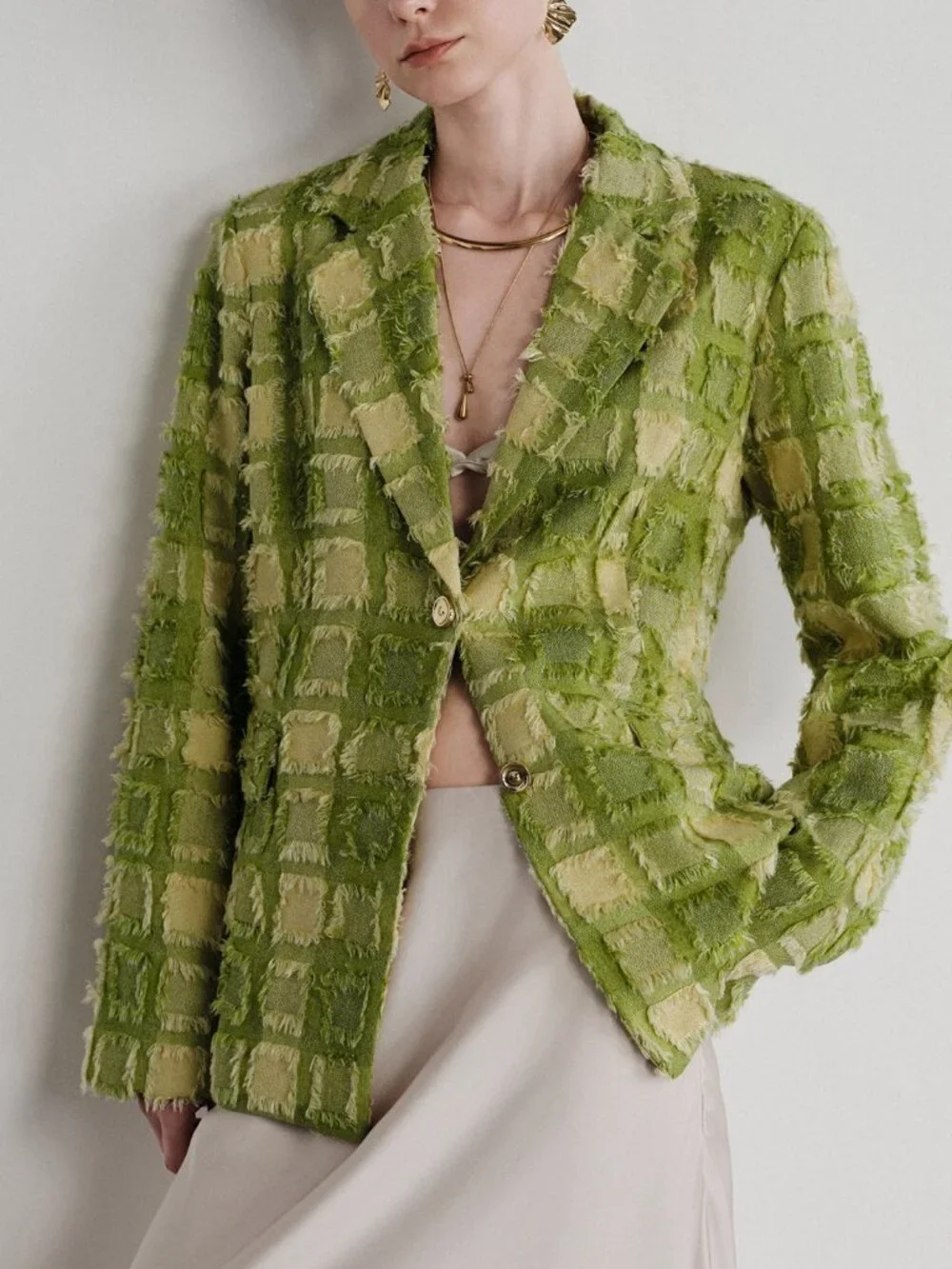 Green Elegant Women's Textured Peak Lapel Slim Tweed Blazer